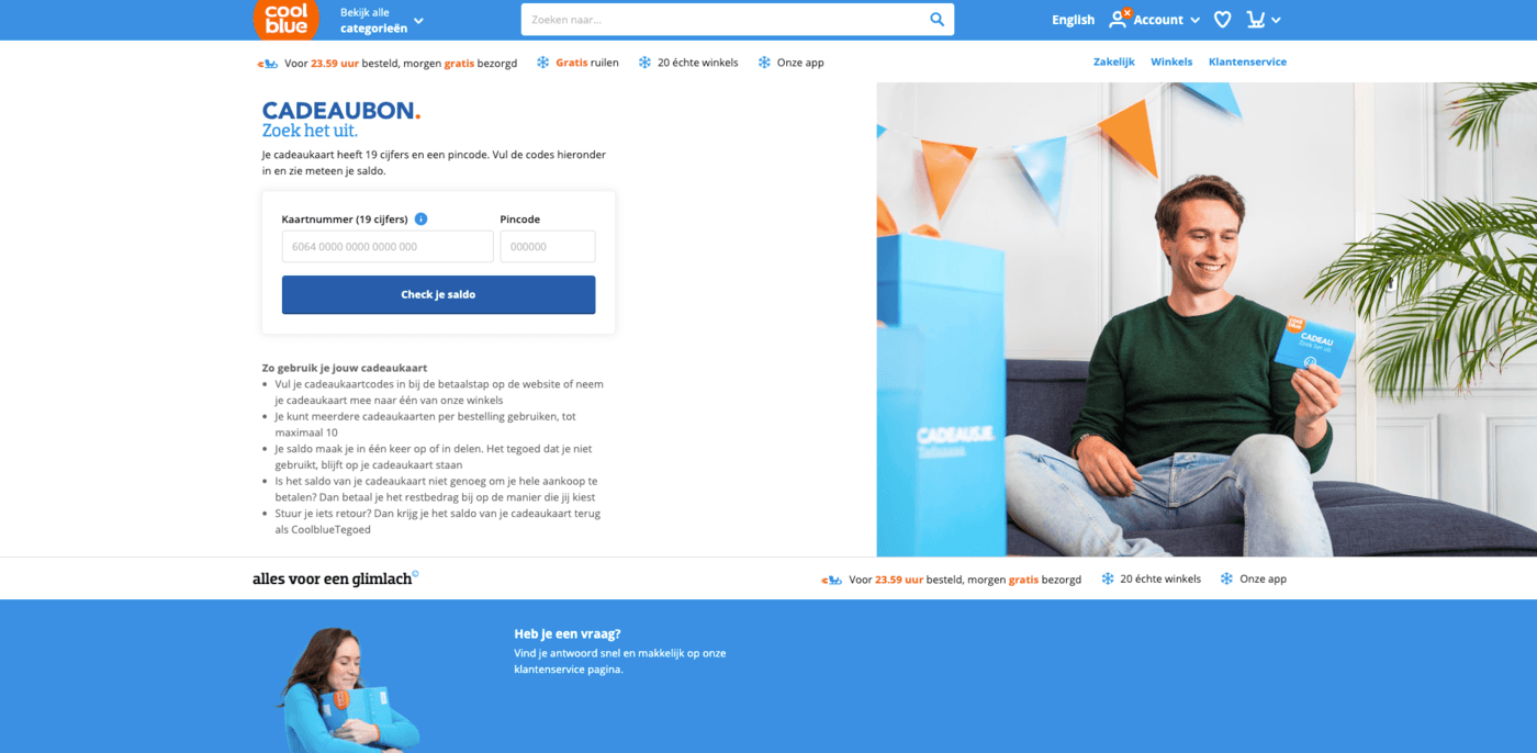 Coolblue Cadeaukaart saldo checker screenshot Coolblue website.